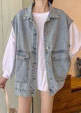 DIY Denim Blau Peter Pan Kragen Taschen Patchwork Weste Ärmellos
